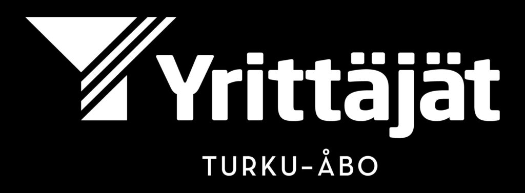 Valkoinen Yrittäjien logo mustalla pohjalla. Logossa on kolmeviivainen Y-kirjain sekä teksti yrittäjät Turku Åbo.