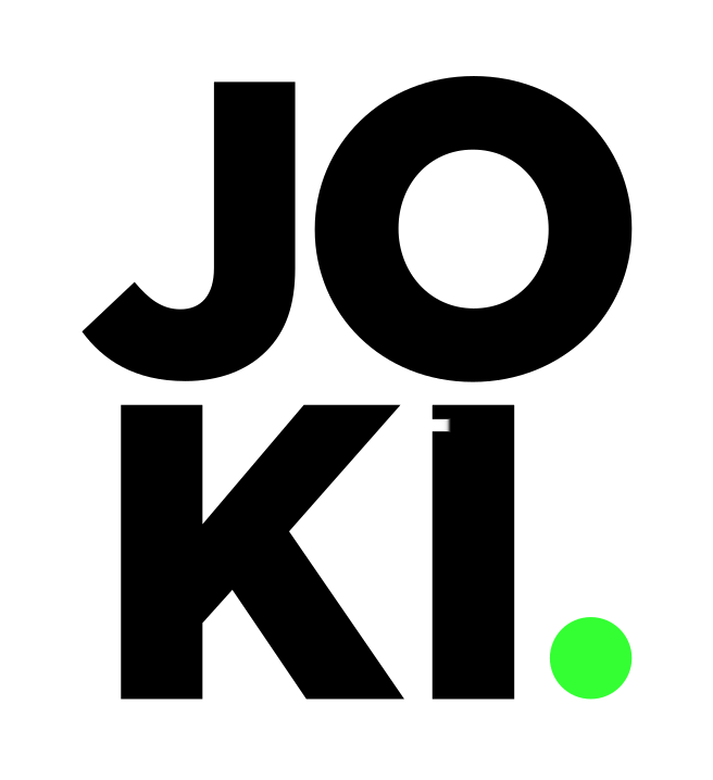 Logo, jossa ylärivillä lukee isoilla kirjaimilla rivitettynä joki. Mustan tekstin lopussa on kirkkaan vihreä piste.
