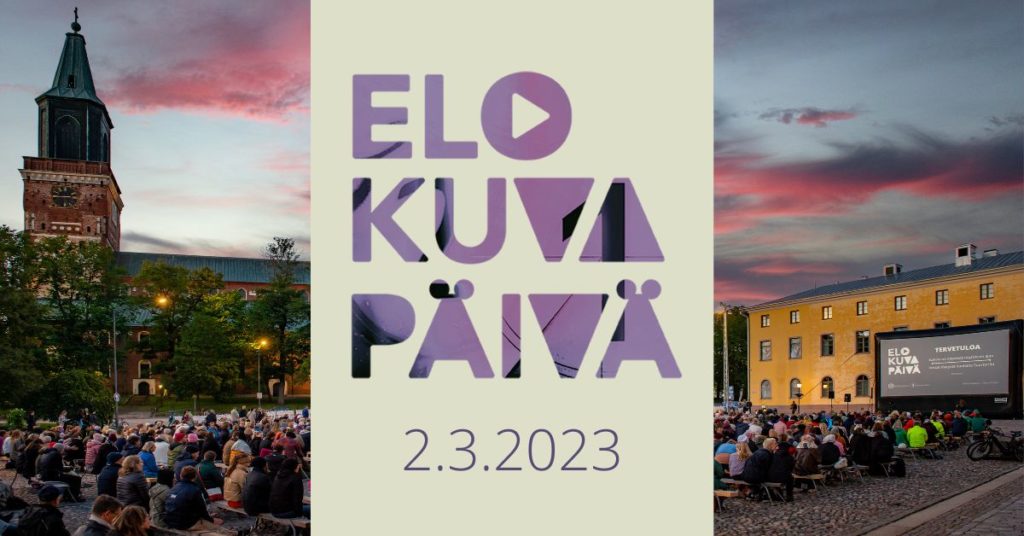 Elokuvapäivän violetti logo sekä kevään elokuvapäivän päivämäärä 2.3.2023 vaalean beigeällä taustalla. Vasemmalla puolella logoa on valokuva iltaruskon valaisemasta Turun Tuomiokirkosta ja sen alla istuvasta yleisöstä. Oikealla puolella logoa on valokuva suuresta valkokankaasta, jolta yleisö katselee elokuvaa.